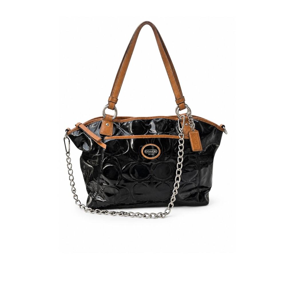 Coach Peyton Black Patent Signature Tote F20028 2010s Revival Chain Shoulder Bag